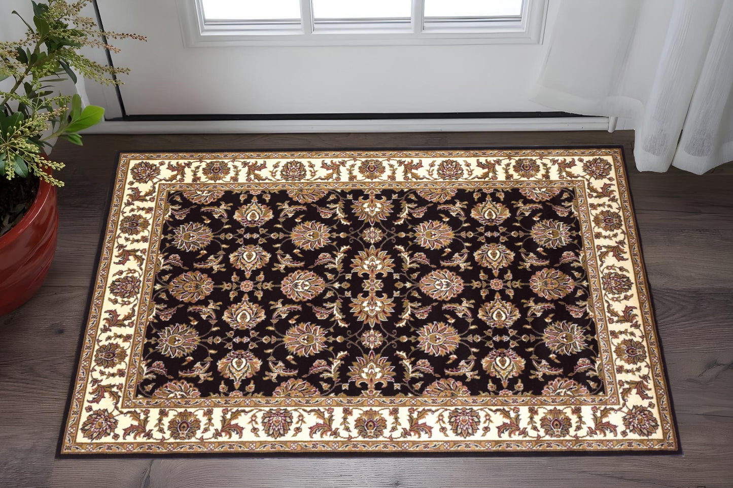 2' X 3' Black And Ivory Floral Area Rug-0