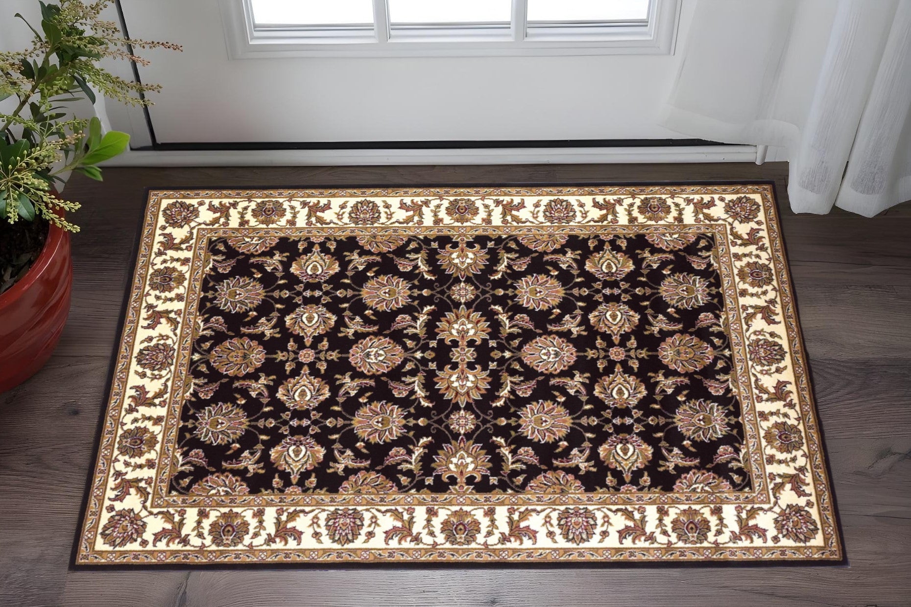 2' X 3' Black And Ivory Floral Area Rug-0